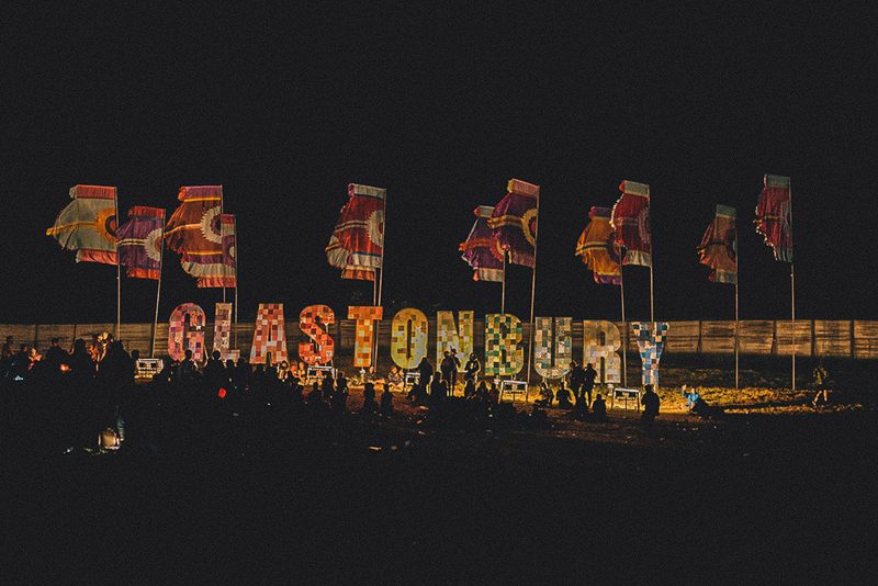 The Glastonbury sign at night