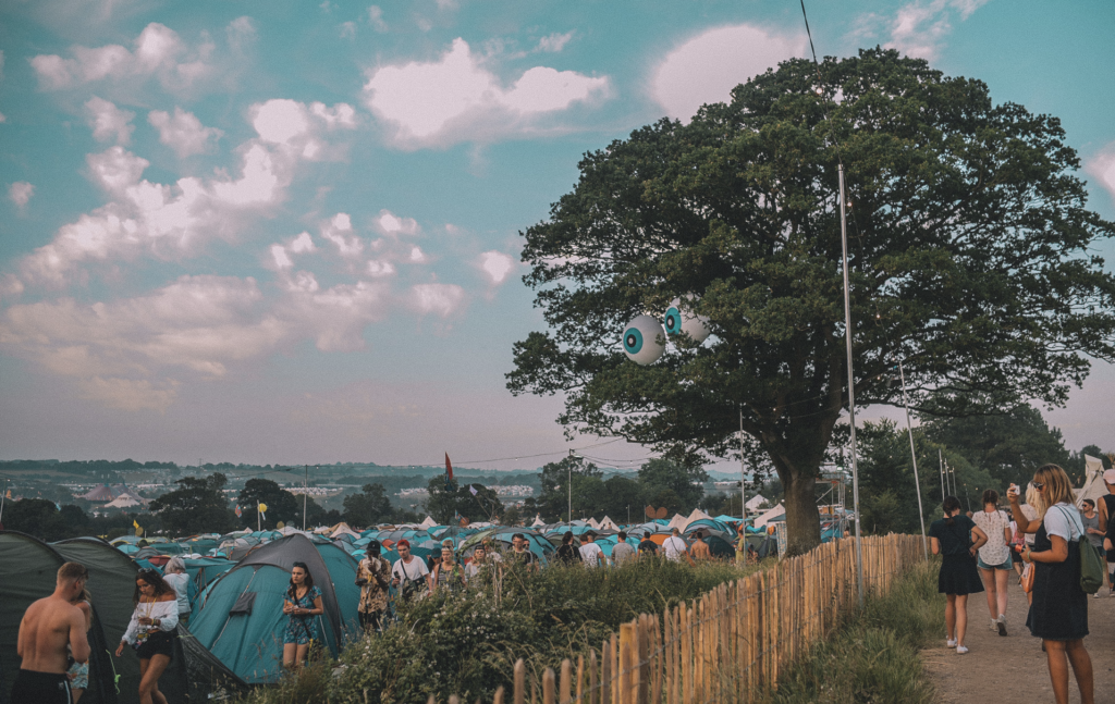 View over the tents of the Glastonbury Festival camping field